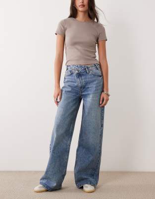 Jean dad ample avec taille croisée - Bleu moyen délavé 36
