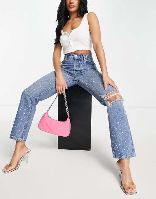 ASOS DESIGN - Jean droit à taille basse avec genoux déchirés et strass sur l'ensemble - MBLUE