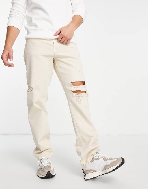 ASOS DESIGN - Jean droit ample à déchirures - Écru cendré
