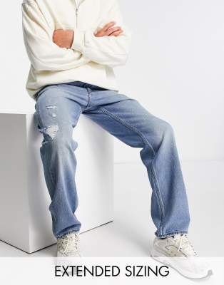 ASOS DESIGN - Jean droit ample effet usé - Bleu moyen délavé