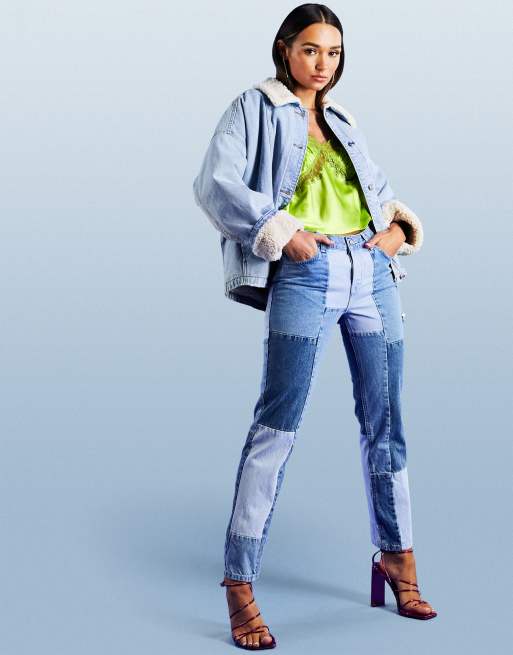 ASOS DESIGN - Jean droit effet patchwork à taille mi-haute - Bleu, 2 de 4