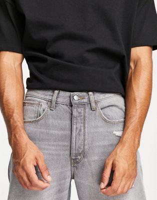 Jeans Jean droit en coton biologique mélangé avec ourlet déchiré - Gris