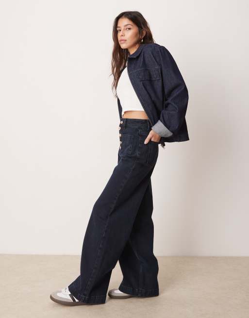 ASOS DESIGN - Jean large à poches plaquées et braguette à boutons dorés - Noir bleu, 3 de 5
