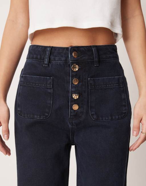 ASOS DESIGN - Jean large à poches plaquées et braguette à boutons dorés - Noir bleu, 5 de 5