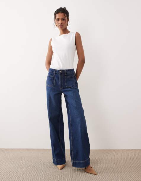 ASOS DESIGN - Jean large à taille haute avec poches devant - Bleu foncé délavé - view 1