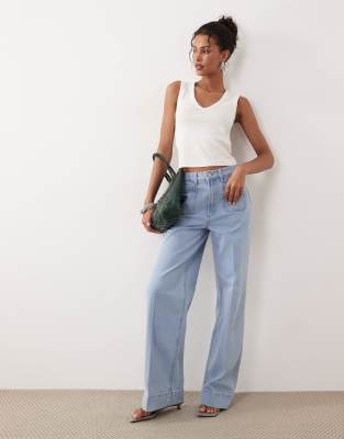 Jean large à taille haute et poches à l'avant - Bleu clair délavé 38