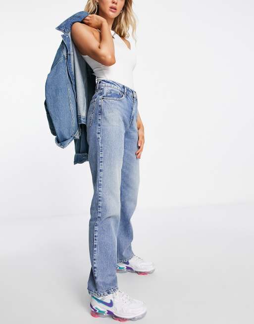 ASOS DESIGN Jean large evase taille haute en chanvre melange de qualite superieure Bleu moyen