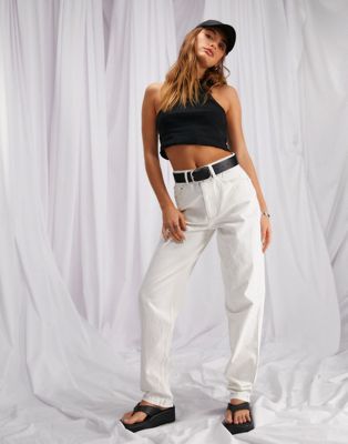 ASOS DESIGN cotton blend high rise 'slouchy' mom jeans in ecru - BEIGE - ASOS Price Checker