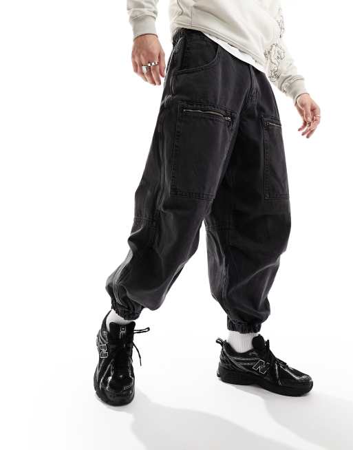 ASOS DESIGN - Jean parachute avec fermetures éclair - Noir délavé