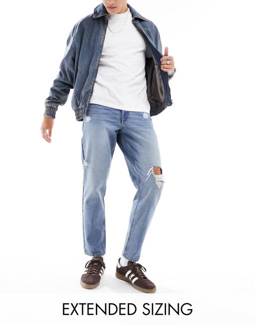 ASOS DESIGN - Jean rigide classique à déchirures - Bleu moyen délavé