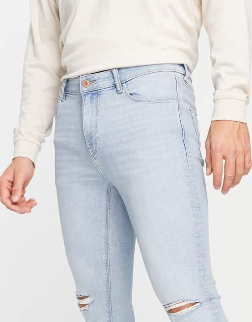 ASOS DESIGN - Jean seconde peau en tissu power stretch avec déchirures aux genoux et ourlets zippés - Bleu clair délavé, 3 de 4