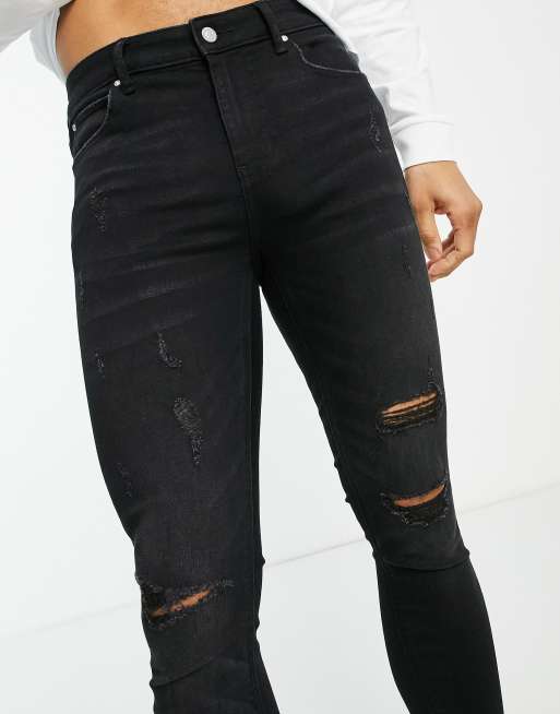 ASOS DESIGN - Jean seconde peau en tissu power stretch avec déchirures et abrasions - Noir délavé, 3 de 4