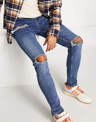 Jean Skinny Topshop Femme - Bleu Moyen Déchiré Aux Genoux - Taille W28 L32 - Occasion Très Bon état