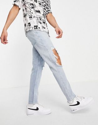 Jeans Jean slim avec déchirures aux genoux - Bleu clair délavé vintage