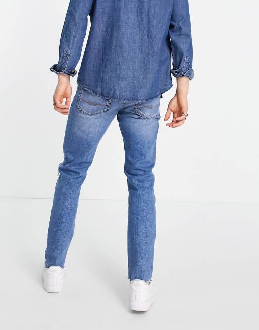 ASOS DESIGN - Jean slim déchiré aux genoux à ourlet franc - Bleu délavé moyen, 3 de 4