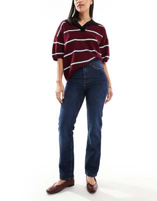 ASOS DESIGN - Jean slim droit à taille haute avec détails en similicuir marron - Délavage foncé-Bleu