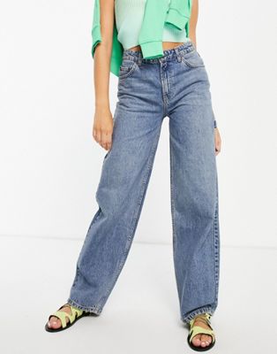Jeans Jean style skateur oversize à taille mi-haute en coton mélangé biologique - Reflets verts
