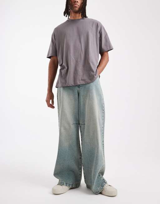 ASOS DESIGN - Jean ultra-baggy à pinces - Bleu moyen délavé et teinté