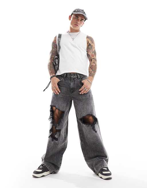 ASOS DESIGN - Jean ultra baggy avec grosses déchirures - Noir délavé
