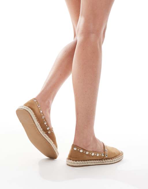 ASOS DESIGN Jeanie closed toe studded espadrilles in tan