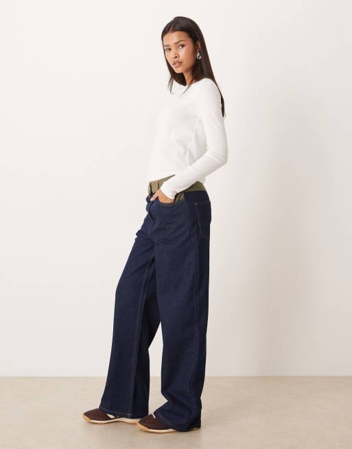 ASOS DESIGN - Jeans a fondo ampio blu indaco con inserto in tessuto a coste, 3 di 5