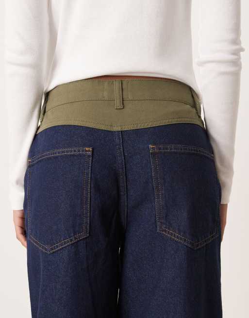 ASOS DESIGN - Jeans a fondo ampio blu indaco con inserto in tessuto a coste, 4 di 5