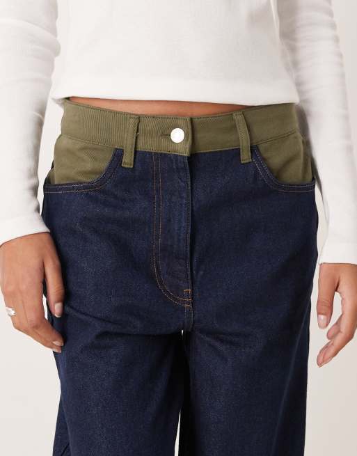 ASOS DESIGN - Jeans a fondo ampio blu indaco con inserto in tessuto a coste, 5 di 5