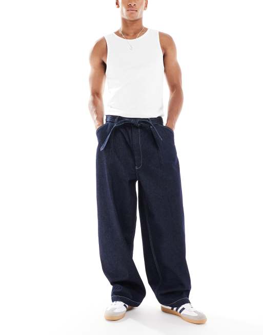 ASOS DESIGN - Jeans a fondo ampio in denim grezzo con allacciatura e pinces