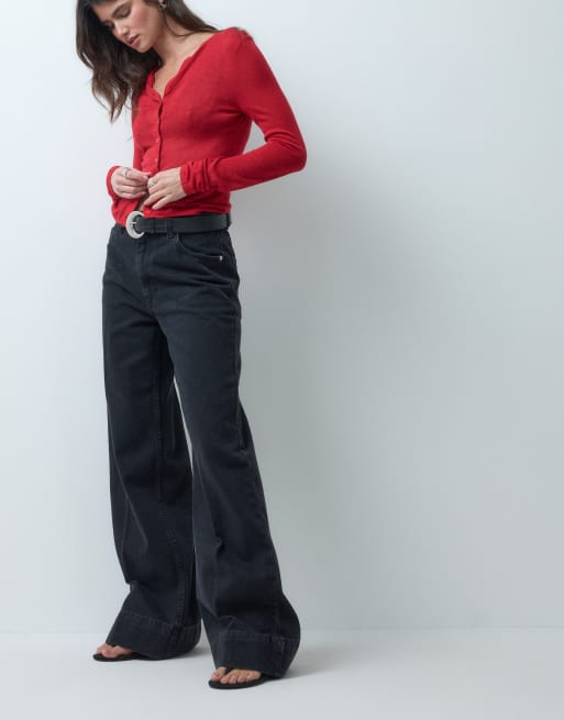 ASOS DESIGN - Jeans a fondo ampio neri con pieghe sul davanti e cintura, 5 di 5