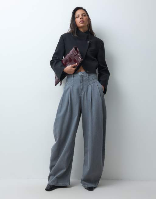 ASOS DESIGN jeans a gamba larga con vita stretta e dettagli di cuciture, lavaggio nero, 1 di 5