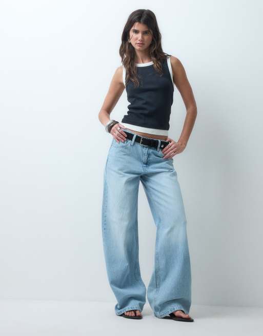 ASOS DESIGN jeans a vita bassa a gamba larga in lavaggio chiaro slavato, 4 di 5