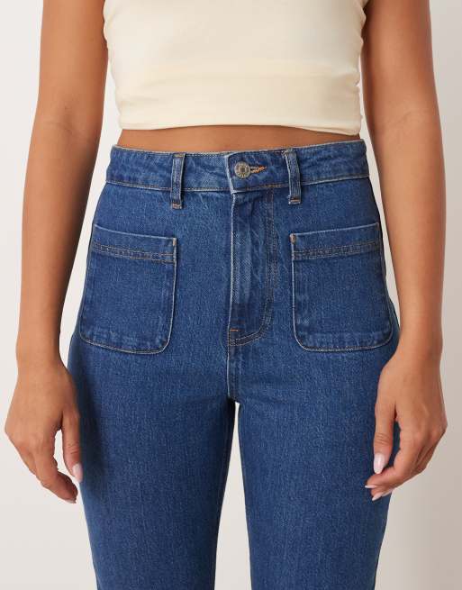 ASOS DESIGN - Jeans a zampa a vita super alta blu medio confortevoli elasticizzati, 5 di 5