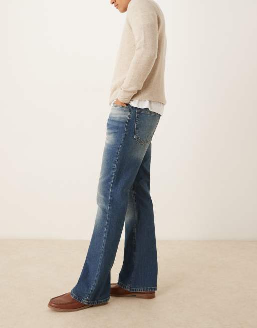 ASOS DESIGN - Jeans a zampa ampi lavaggio blu medio con tinta, 3 di 5