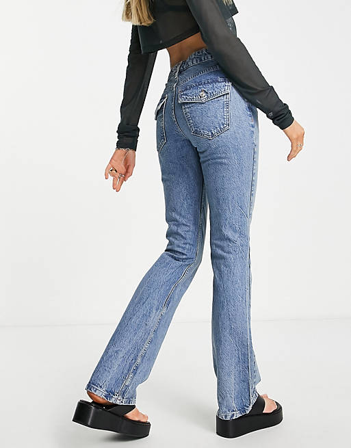 Jeans a zampa in misto cotone lavaggio medio con tasche Asos Donna Abbigliamento Pantaloni e jeans Jeans Jeans a zampa & bootcut MBLUE 