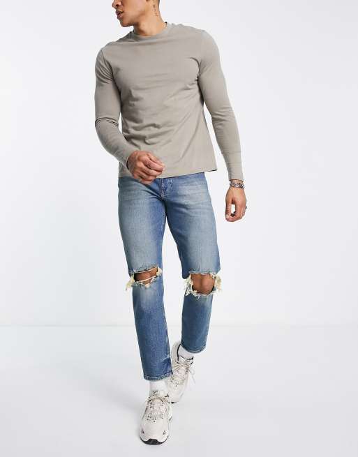Asos Uomo Abbigliamento Pantaloni e jeans Jeans Jeans affosulati Jeans affusolati lavaggio scuro con strappi vistosi sulle ginocchia 