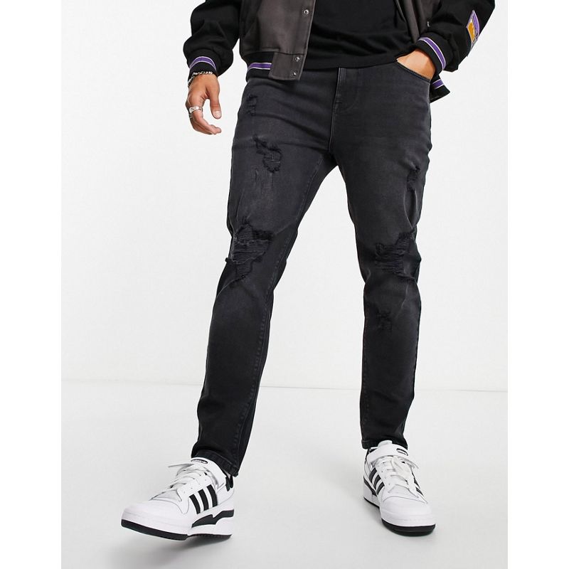 4CYRB Jeans DESIGN - Jeans affusolati nero slavato con strappi vistosi