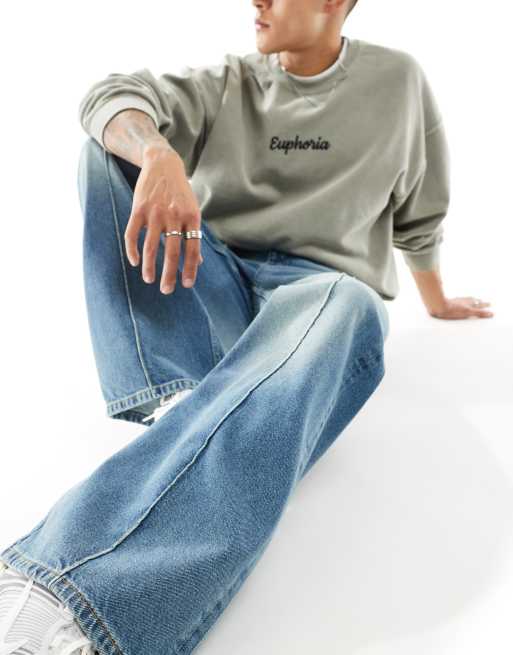 ASOS DESIGN - Jeans ampi a zampa con cuciture sulla parte frontale tinti con lavaggio blu medio, 2 di 5
