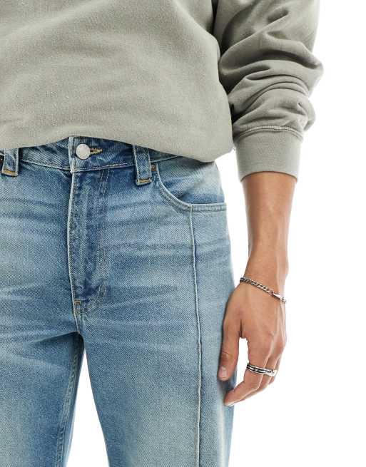 ASOS DESIGN - Jeans ampi a zampa con cuciture sulla parte frontale tinti con lavaggio blu medio, 3 di 5
