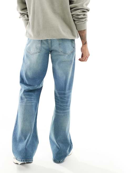 ASOS DESIGN - Jeans ampi a zampa con cuciture sulla parte frontale tinti con lavaggio blu medio, 5 di 5