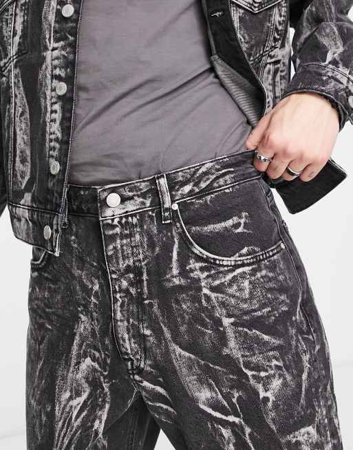 ASOS DESIGN - Jeans ampi dritti lavaggio nero effetto marmo in coordinato, 4 di 4
