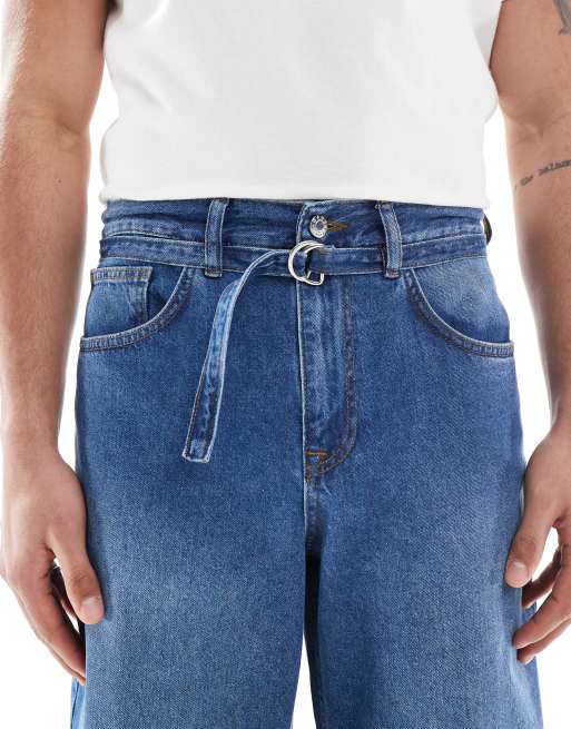 ASOS DESIGN - Jeans ampi lavaggio blu medio con allacciatura, 4 di 5