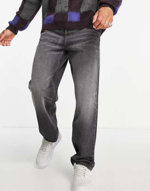 ASOS DESIGN - Jeans ampi nero slavato con abrasioni  