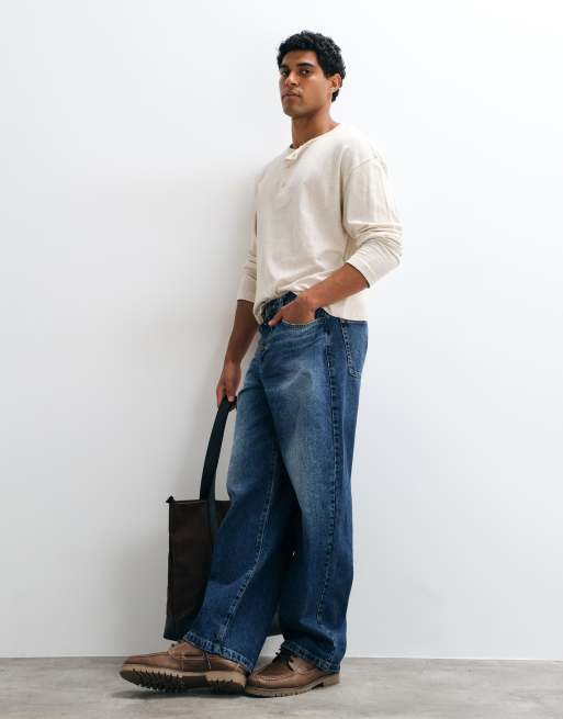 ASOS DESIGN jeans baggy blu lavaggio medio con bottoni a vista, 3 di 5