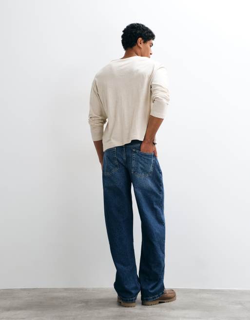 ASOS DESIGN jeans baggy blu lavaggio medio con bottoni a vista, 5 di 5