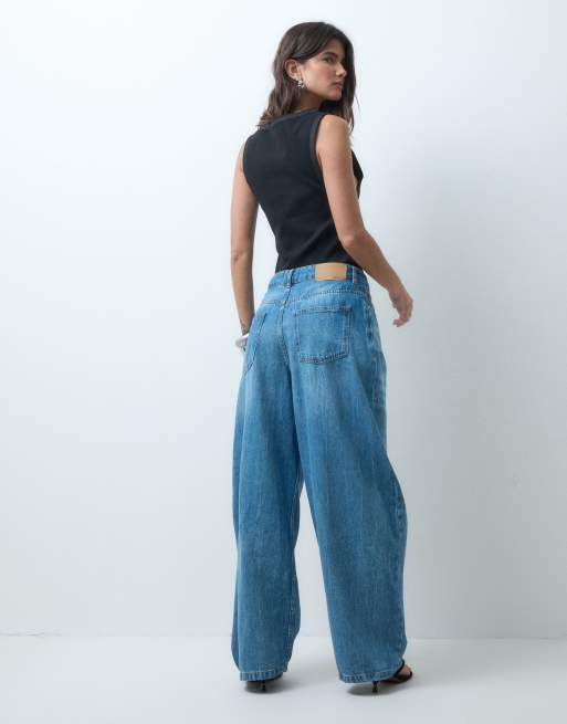 ASOS DESIGN jeans barrel con vita avvolgente blu medio, 3 di 5