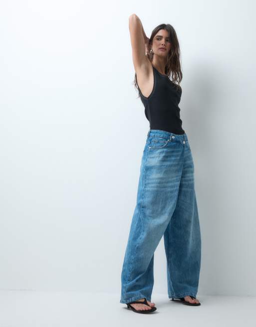 ASOS DESIGN jeans barrel con vita avvolgente blu medio, 5 di 5