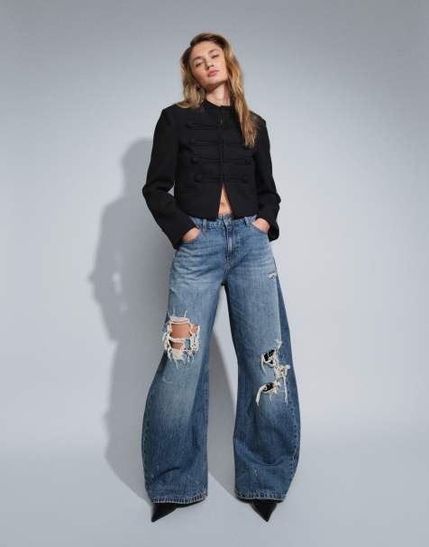 ASOS DESIGN jeans barrel leg z kokardką i przetarciami w ciemnym średnim niebieskim - view 1