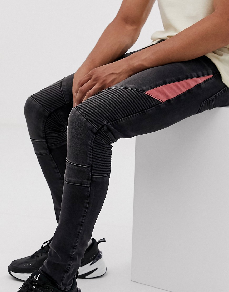 ASOS DESIGN - Jeans biker super skinny nero slavato con inserto rosso