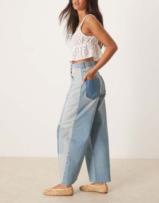 ASOS DESIGN - Jeans bombati a vita alta blu patchwork, 2 di 5