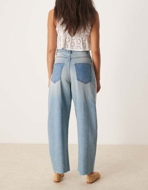 ASOS DESIGN - Jeans bombati a vita alta blu patchwork, 3 di 5